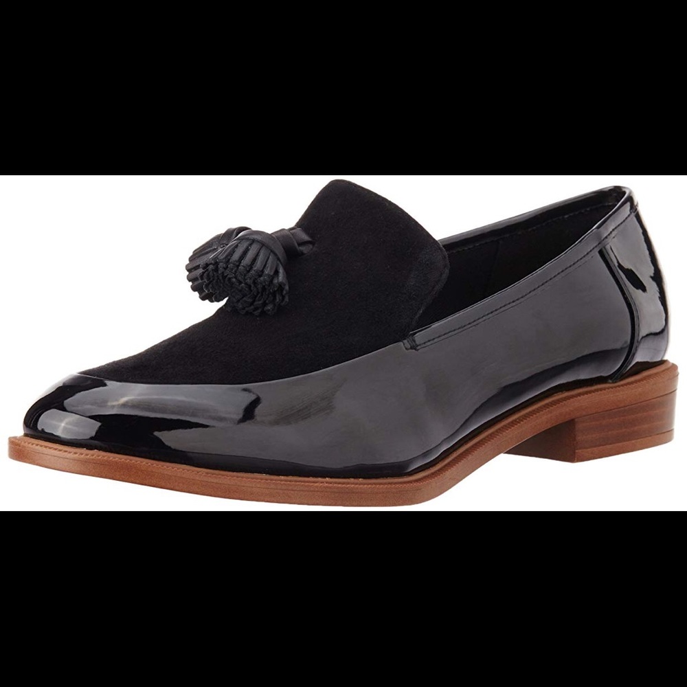 Clarks tassel loafers patent leather and suede.